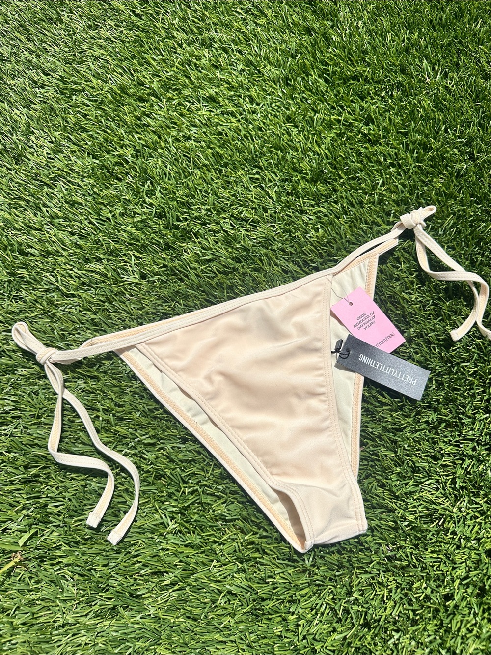 PrettyLittleThing Nude Tie Side String Bikini Bottom Minimal Cheeky - Size 10
